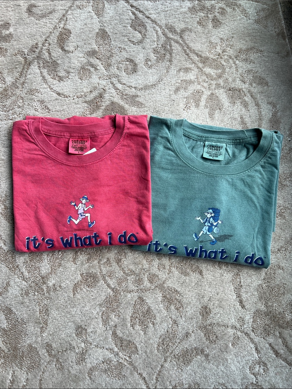 2 Graphic Tees  "it's what I do" - Red & Green Running and Hiking character tees